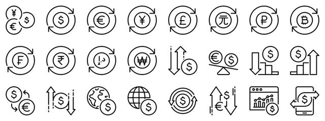 Line icons about currency exchange. Line icon on transparent background with editable stroke.