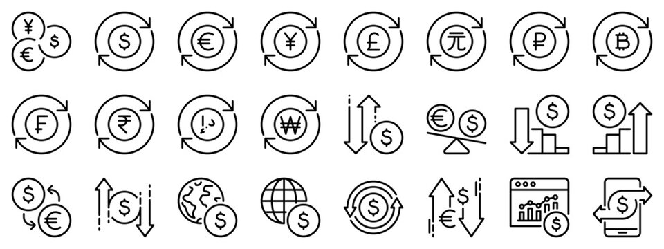 Line icons about currency exchange. Line icon on transparent background with editable stroke.