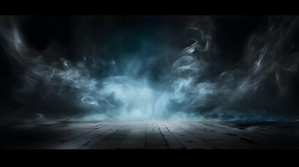 Abstract image of dark room concrete floor. Black room or stage background for product placement.Panoramic view of the abstract fog. White cloudiness, mist or smog moves on black background.