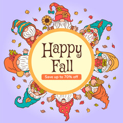 Fall square design with cute autumn gnomes. Copy space for text. Whimsical fall frame border fun garden gnomes. Cottagecore harvest template for banner, flyer, social media or party invitation card.