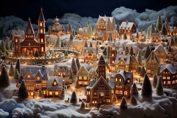 A village made of gingerbread and candy with snow-covered roofs, Christmas lights, and Santa Claus. Generative AI