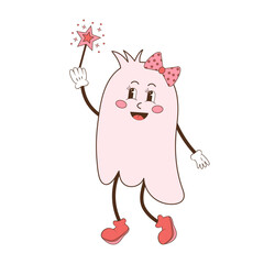 Cute groovy ghost with a magic wand and a bow. Retro 70s 60s cartoon character. Cute pink spooky baby ghost.