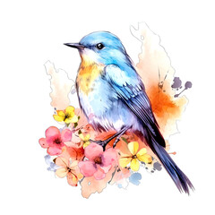 Watercolor Illustration Cute Birds and Flowers For Decoration on Transparent Background PNG V5