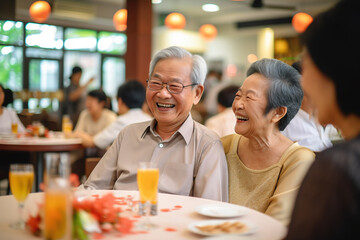 Senior Asian Citizens Relishing Companionship and Smiles at a Vibrant Social Club Gathering. created with Generative AI