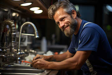 Obraz premium A Proud and Smiling Plumber Ready to Expertly Repair a Faucet in a Kitchen Setting. created with Generative AI