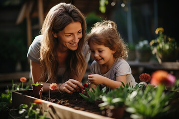 A Heartwarming Moment of a Mother and Young Daughter Gardening, Nurturing Nature's Beauty and Their Bond.. created with Generative AI