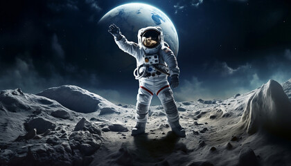Astronaut waving hand in the moon space (AI Generated)