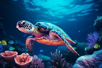 Obraz na płótnie Canvas Neon turtle in vibrant retrowave style, swimming gracefully in the mesmerizing underwater world. Generative AI