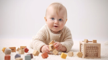 An adorable blonde infant, posing with toys against a bright studio backdrop. Generative AI