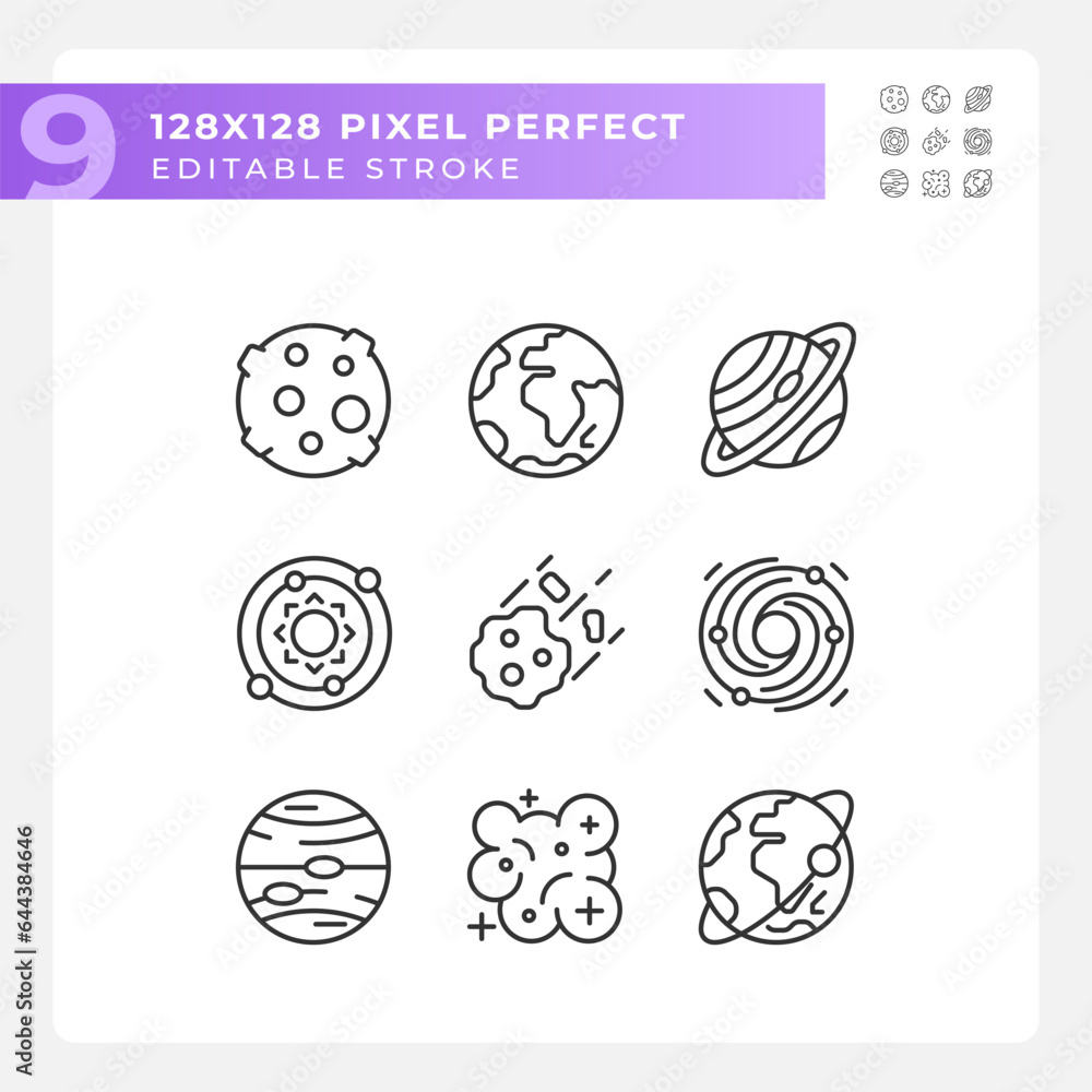 Poster celestial bodies pixel perfect linear icons set. outer space. planetary science. astrology education