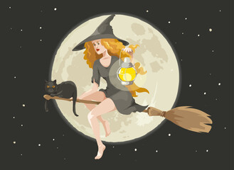 Cute witch with a black cat on a broomstick. Vector illustration in watercolor painting style. Background for Halloween. EPS 10.