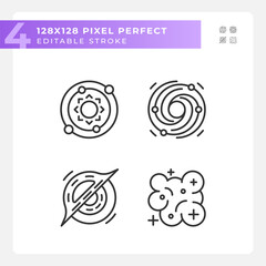 Outer space pixel perfect linear icons set. Cosmic phenomena. Celestial bodies. Astronomical discoveries. Customizable thin line symbols. Isolated vector outline illustrations. Editable stroke