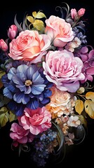 Beautiful watercolor bouquet of flowers on a black background.