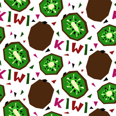 A pattern with an abstract image of a kiwi and a name in the form of geometric shapes. Colorful textile print in tropical style. Packaging for products with a certain taste. Stylized flat vector