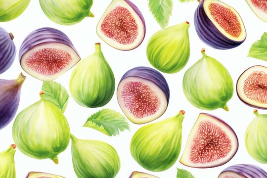 Watercolor drawing of tropical fruit figs forming a seamless pattern on a white background. Generative AI