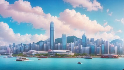 Beautiful architecture building exterior cityscape of hong kong city skyline.

