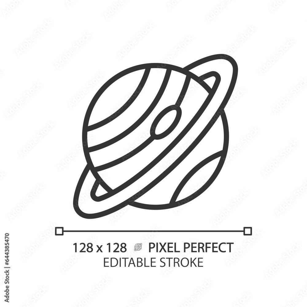 Poster saturn pixel perfect linear icon. ring planet. deep space. planetary astronomy. science project. sol
