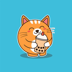 Cute Orange Cat Hugging Bubble Tea Vector Illustration