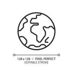 Earth planet pixel perfect linear icon. Environmental science. Natural resources. Climate change. World travel. Thin line illustration. Contour symbol. Vector outline drawing. Editable stroke