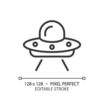 Ufo pixel perfect linear icon. Unidentified flying object. Extraterrestrial life. I want to believe. Outer space. Thin line illustration. Contour symbol. Vector outline drawing. Editable stroke