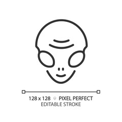 Alien face pixel perfect linear icon. Extraterrestrial life. Ufo sighting. Science fiction. Paranormal activity. Thin line illustration. Contour symbol. Vector outline drawing. Editable stroke