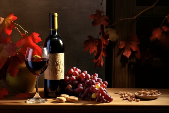 An image of wine bottle and grapes with digital rendering. Generative AI