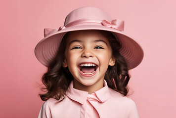 a cute little woman, studio photo with happiness, pink background. AI generated Images