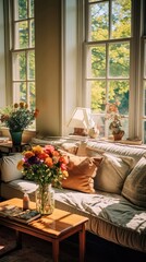 Fototapeta na wymiar Sun-Kissed Serenity: A Cozy Living Room Retreat. Generative AI 1