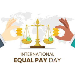 Vector graphic of money scales and hands holding coins cartoon for equal pay day celebration with flat design