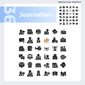 Pixel perfect glyph style icons set representing journalism, black silhouette illustration
