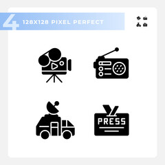 Pixel perfect glyph style icons set representing journalism, black silhouette illustration
