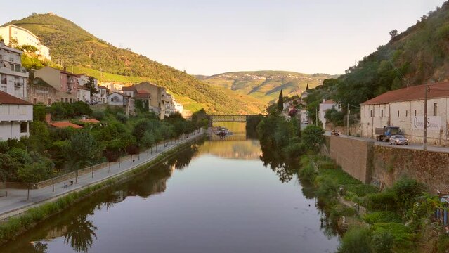 Scenic View Of Pinhao Town Overlooking Douro Valley During Sunset In Porto, Portugal. Wide Shot