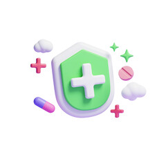  3d shield icon with medical pill and search bar icon or 3d medical equipment icon