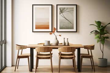 Cozy dining room interior with a framed mock-up, digitally rendered. Generative AI
