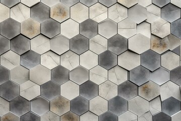3D rendered hexagonal mosaic wall of polished concrete bricks with semi-gloss finish. Generative AI