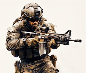 Abstract Digital AI United States Navy Seal Commando in Action, Aiming Assault Rifle. White Background