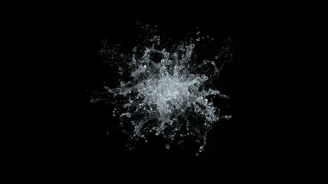 Super Slow Motion Shot of Real Water Splash Explosion from Surface Isolated on Black at 1000fps.