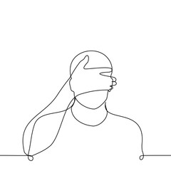 man closes his eyes with his hand - one line art vector. concept unwillingness to see, desire to unsee