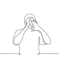 man stands shouting with his hands to his mouth - one line art vector. concept shout out loud, attract attention, shoutout