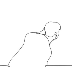 man peeping crouching and holding his hand against the wall - one line art vector. concept curious, peep or eavesdrop