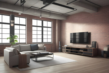 Living room interior in loft, industrial style, 3d render. Modern living room