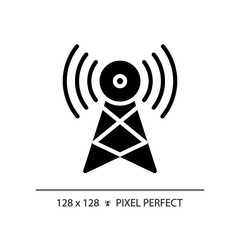 2D pixel perfect glyph style satellite tower icon, isolated vector, thin line illustration representing journalism.