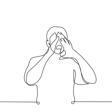 recommend clip art: man stands shouting with his hands to his mouth - one line art vector. concept shout out loud, attract attention, shoutout