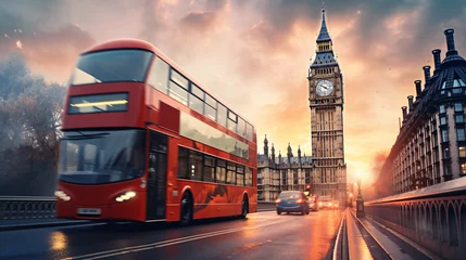 Deurstickers Londen rode bus London the UK. Red bus in motion and Big Ben