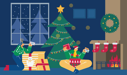 Happy people unwrapping gifts from secret Santa, flat vector illustration.