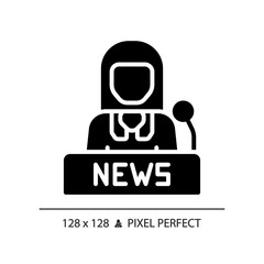 2D pixel perfect glyph style female newscaster icon, isolated vector, thin line illustration representing journalism.