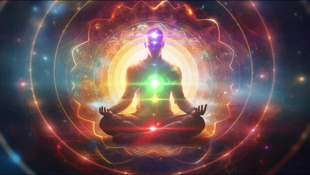 Meditating person with glowing seven chakras on a cosmic energy background.