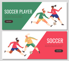 Football soccer players match vector flyers tamplate set, women athletes fighting for ball, sports game competition