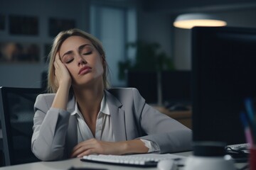 Tired overworked female sitting at office desk with closed eyes, unable to work on computer at night