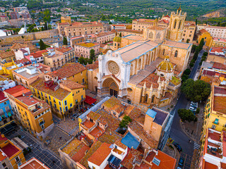 Aerial view of the Primatial Cathedral of Tarragona, a Roman Catholic church in Tarragona, Catalonia, Spain
